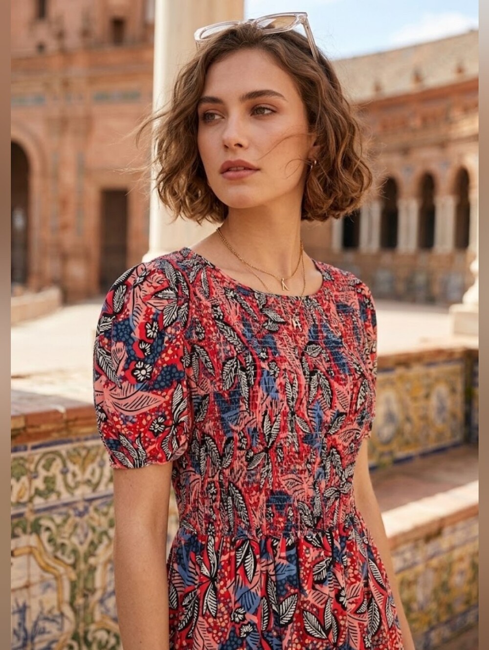 Women’s Red Floral Puff-Sleeve Dress